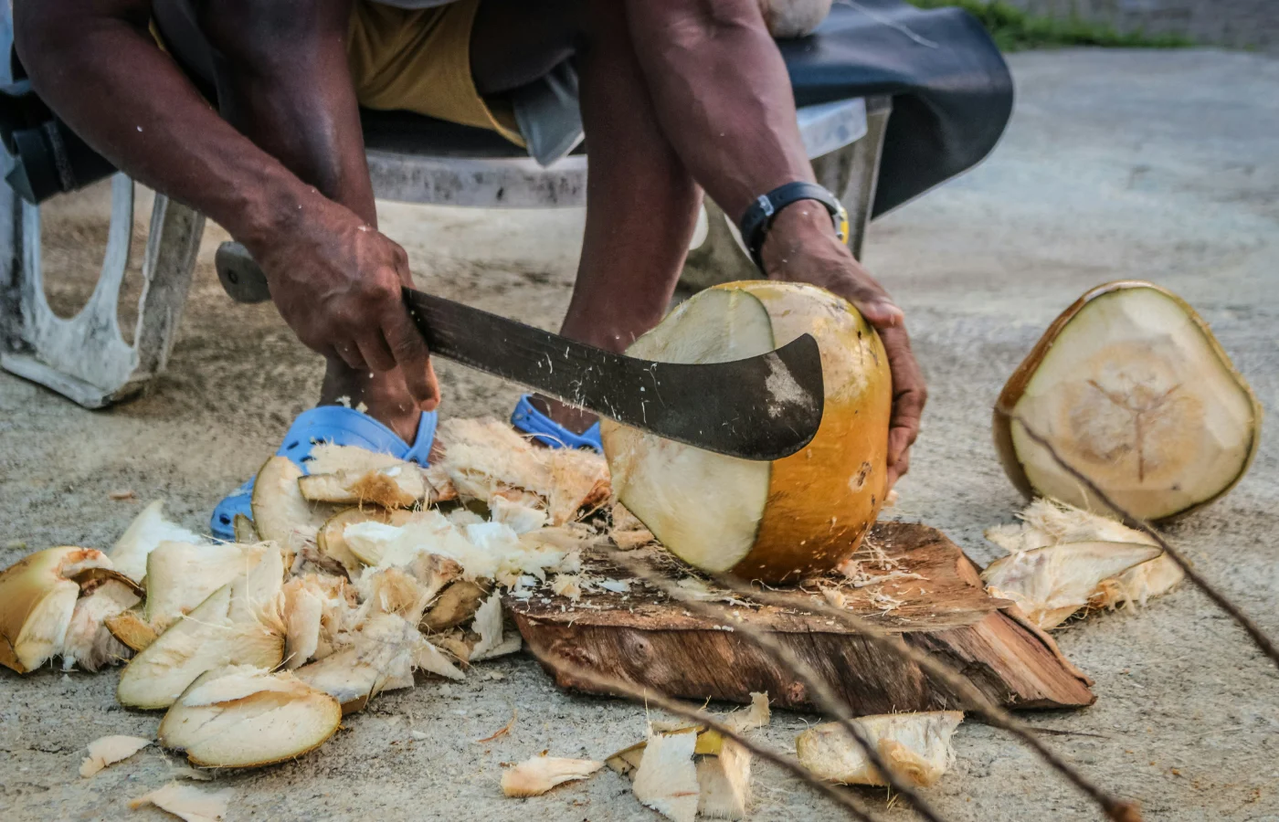 Travail artisanal de la noix de coco par un local aux Antilles