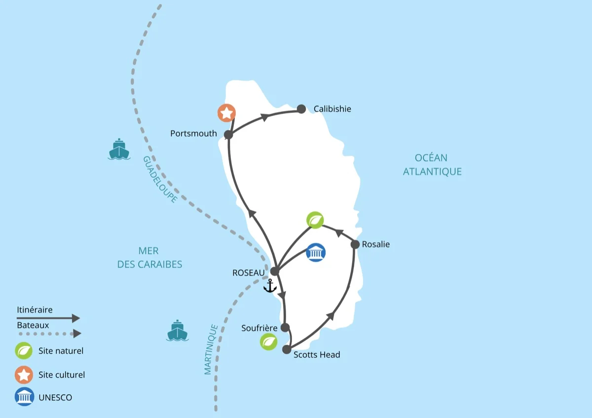 Carte itinéraire Dominique — sites naturels, culturels et UNESCO