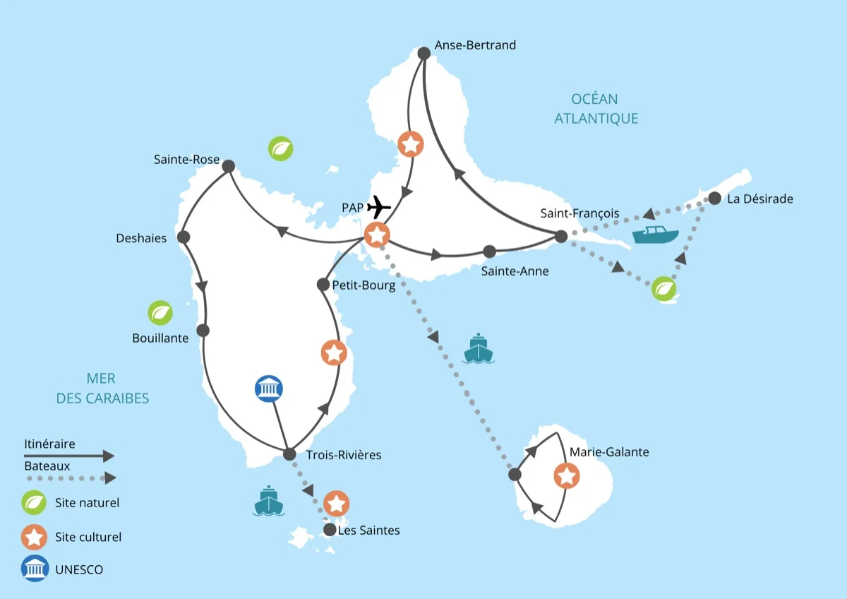 Carte itinéraire Guadeloupe — sites naturels, culturels et UNESCO